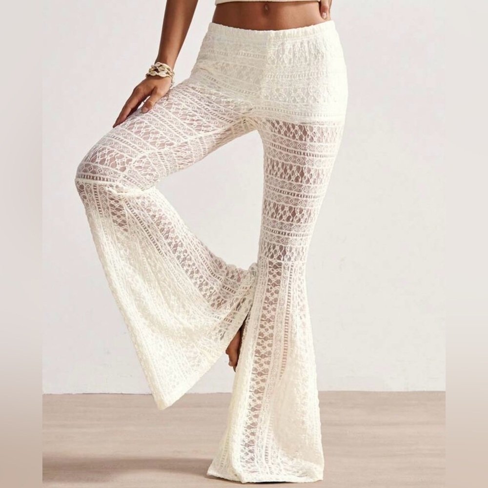 Elegant Lace Flare Pants - Off White Egg shell color
